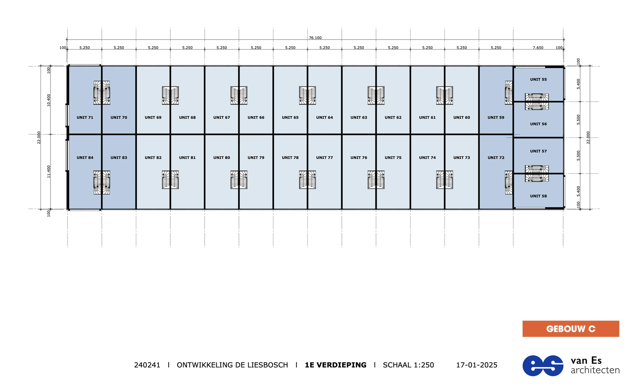 Bouwtekening van de eerste verdieping van gebouw C in ontwikkeling De Liesbosch met units 55 t/m 84.